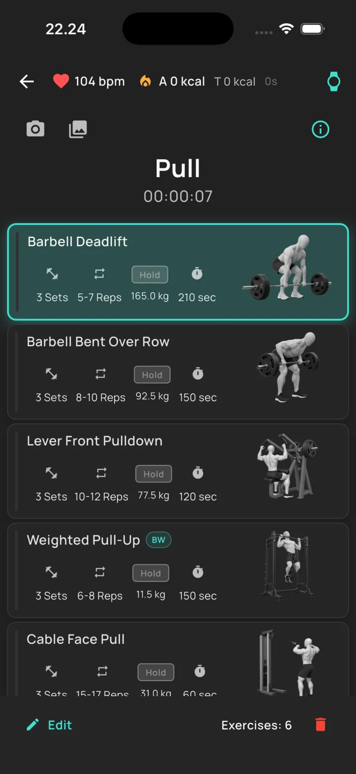 An active BuildX session listing every exercise with its sets and targets