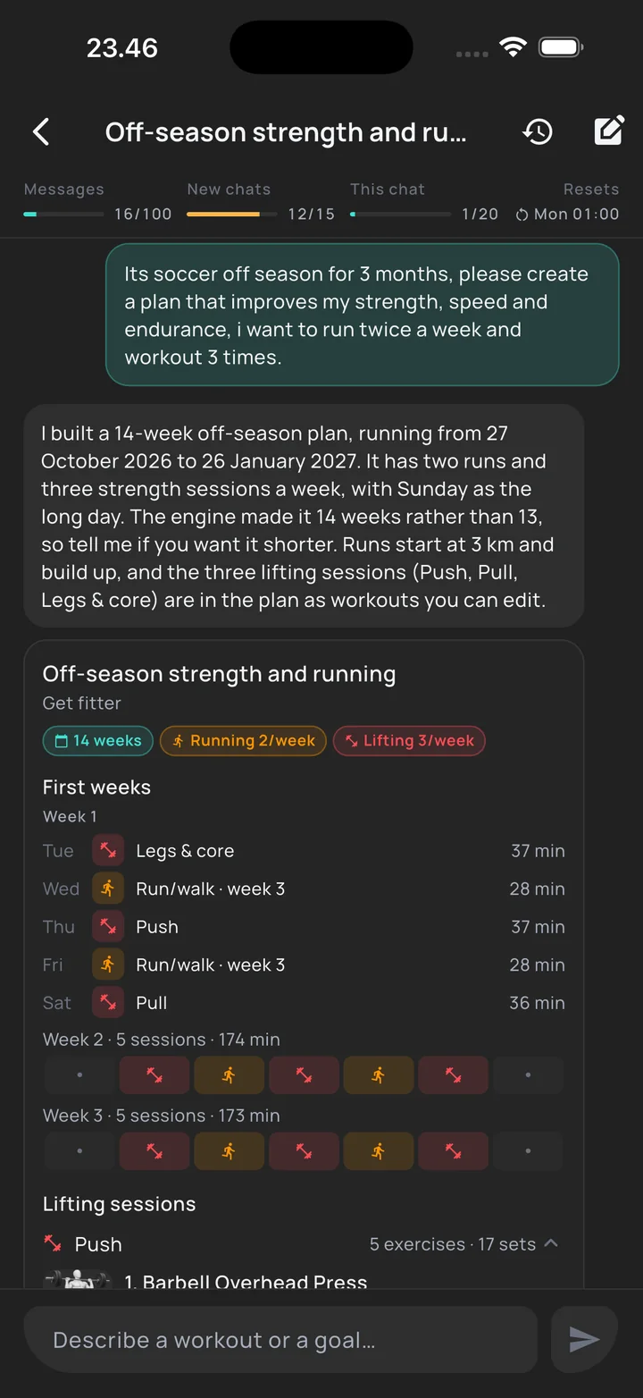 BuildX AI building a 14-week off-season plan with two runs and three lifting sessions a week