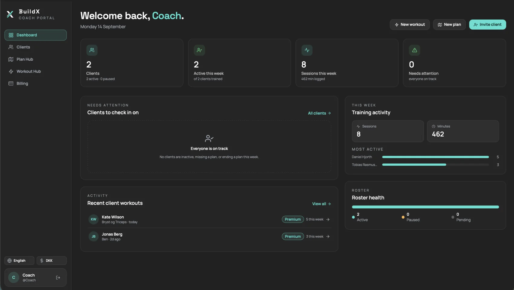 The BuildX Coach dashboard: client roster, weekly training activity and sessions needing attention