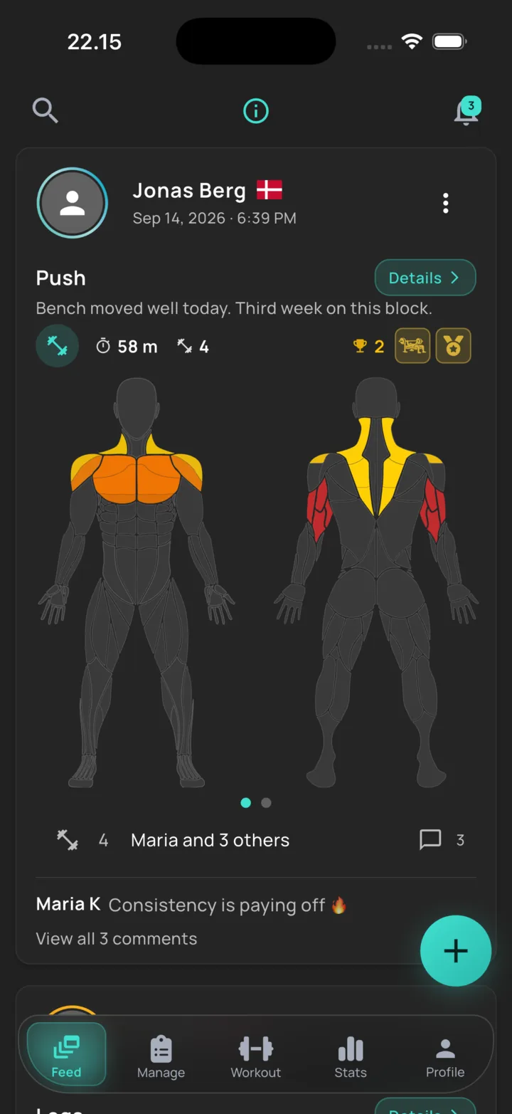 The BuildX feed: a completed push session with the muscles it worked highlighted on a body map