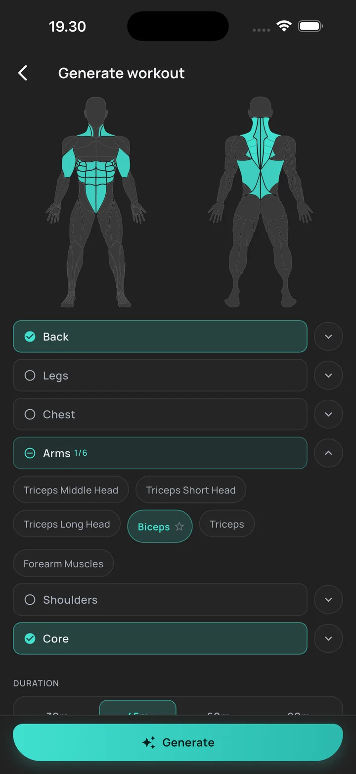 The workout generator: choose target muscles on a body map