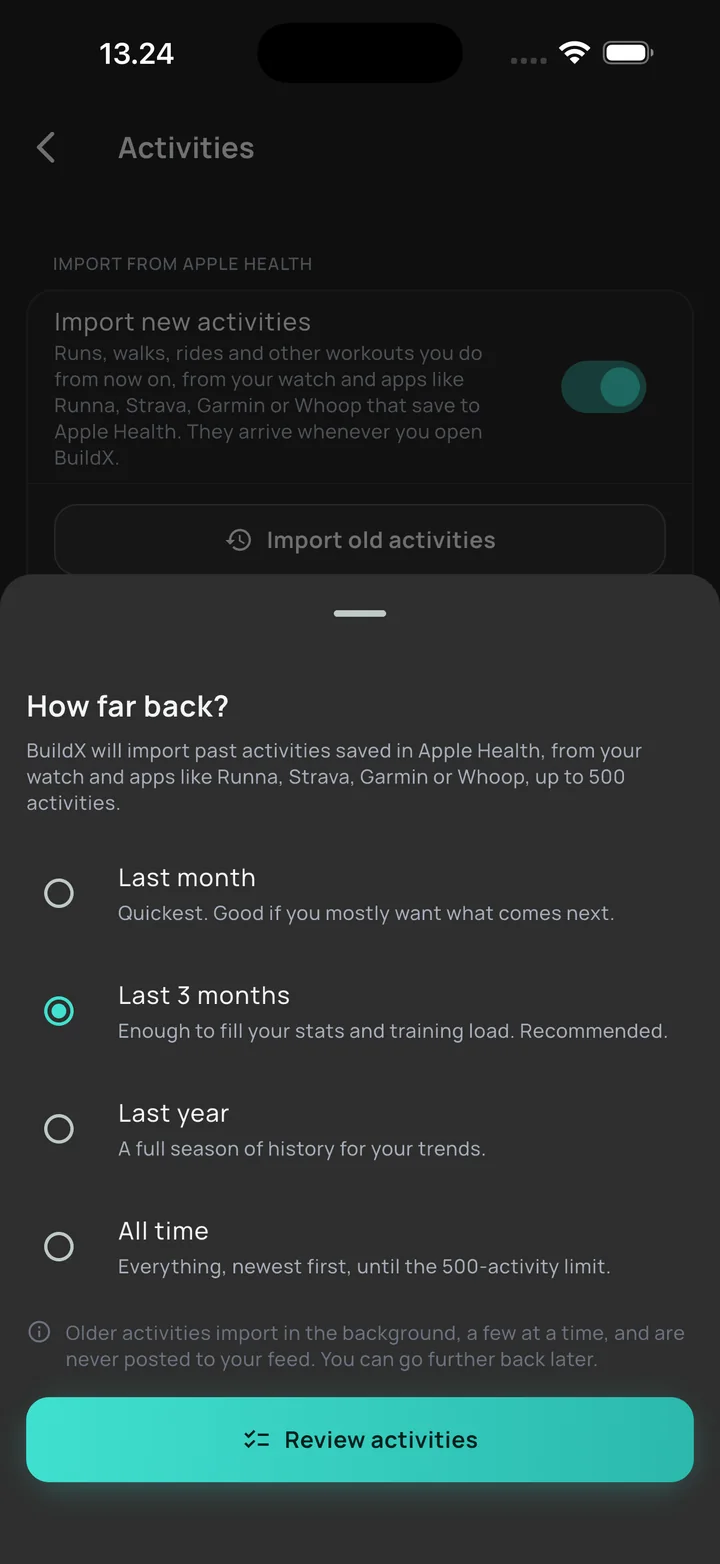 Importing past activities from Apple Health: choose how far back