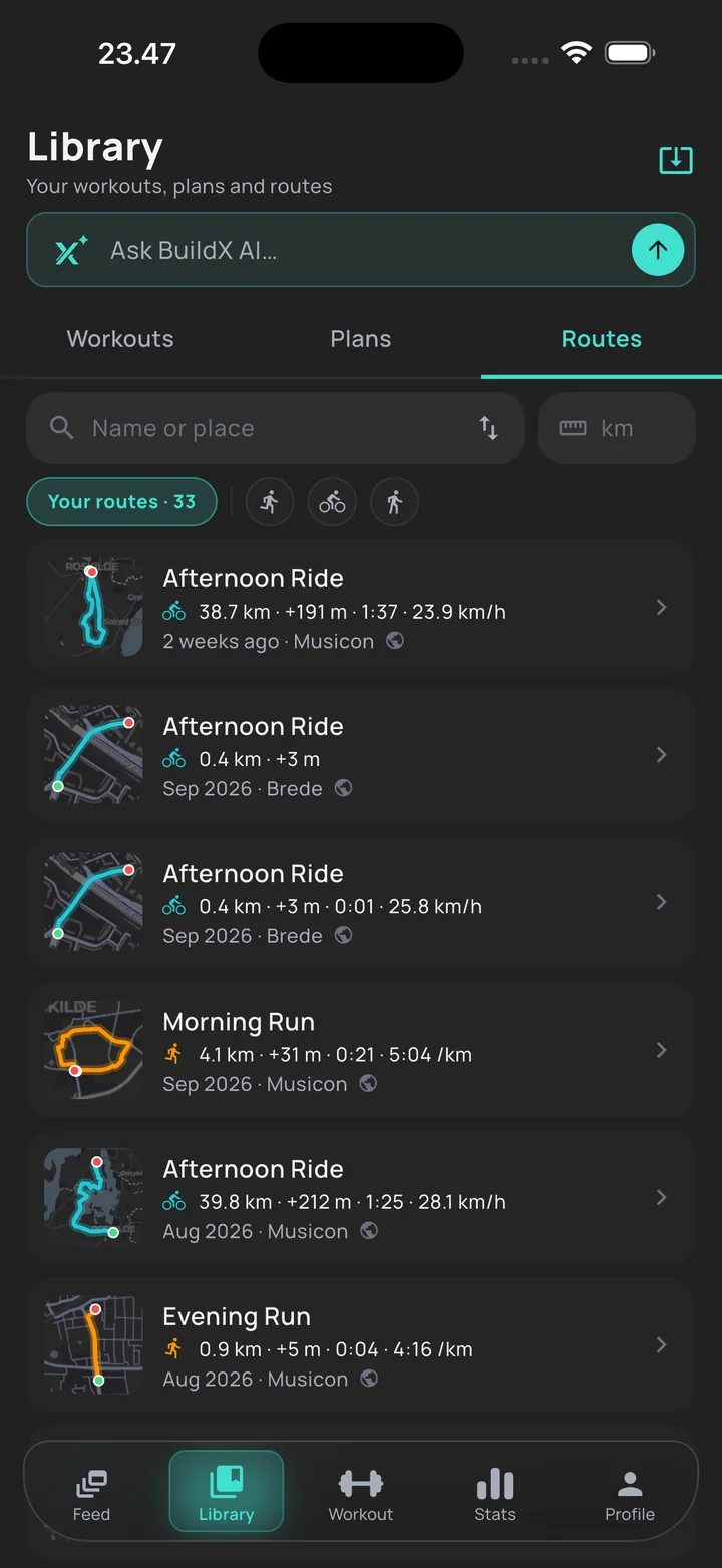 Your saved routes in the Library, with distance, elevation and pace