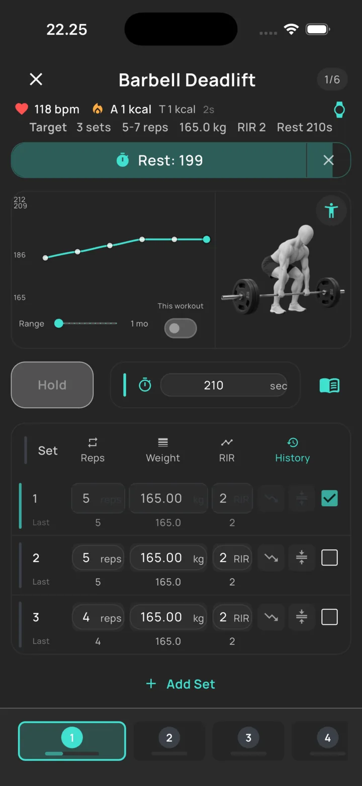 Logging a set of barbell deadlifts in BuildX, with the rest timer running and previous sets in view