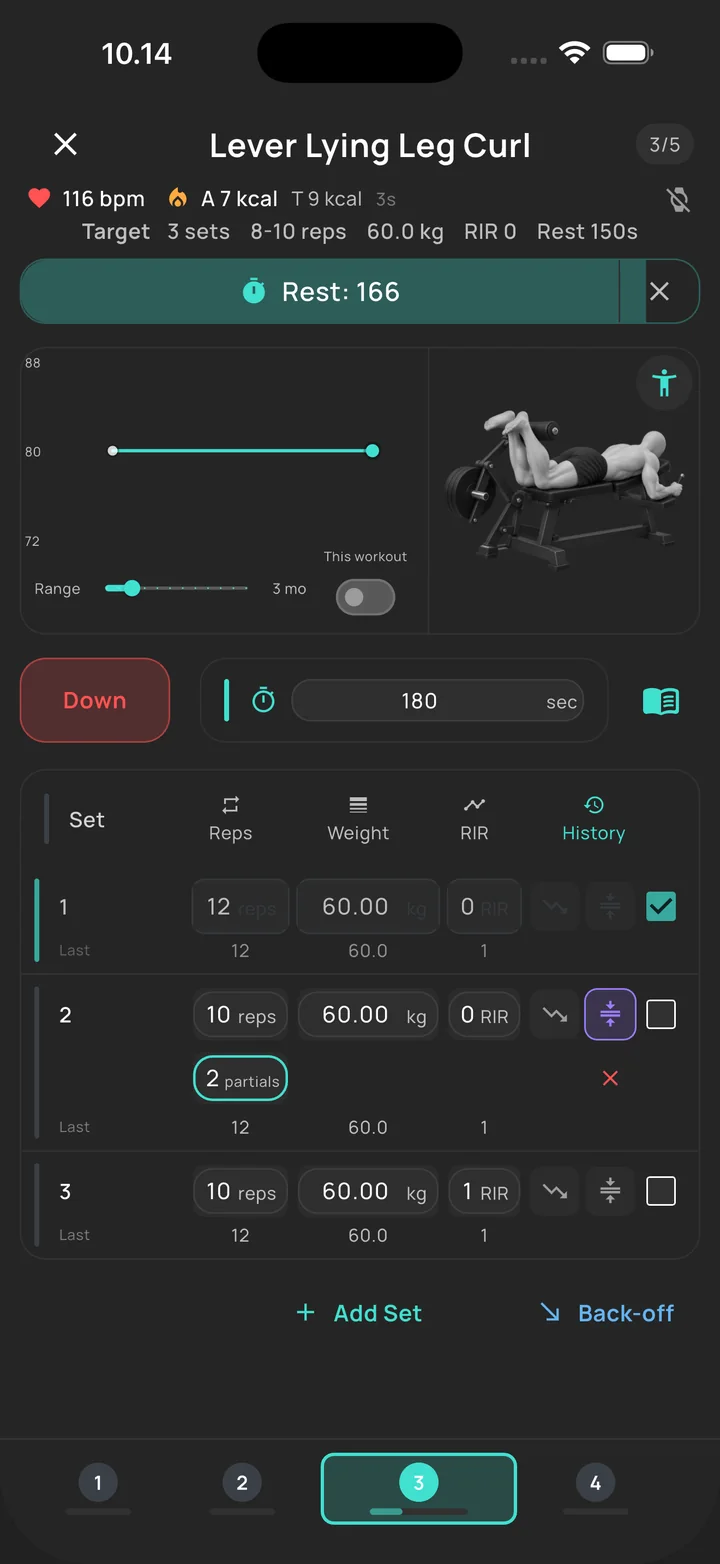 Partial reps logged in BuildX Performance: two partials recorded after a set of lying leg curls