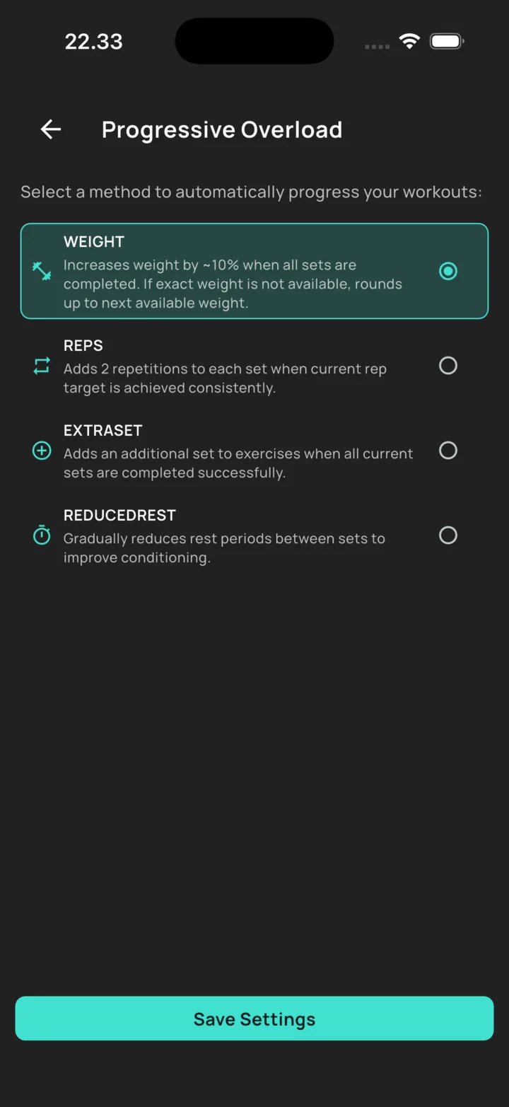 The BuildX progressive overload settings: weight, reps, extra set and reduced rest, with weight selected