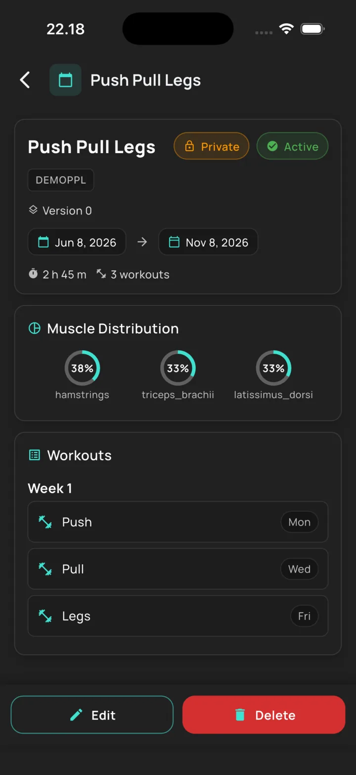 A BuildX training plan with its muscle split and the workouts in each week