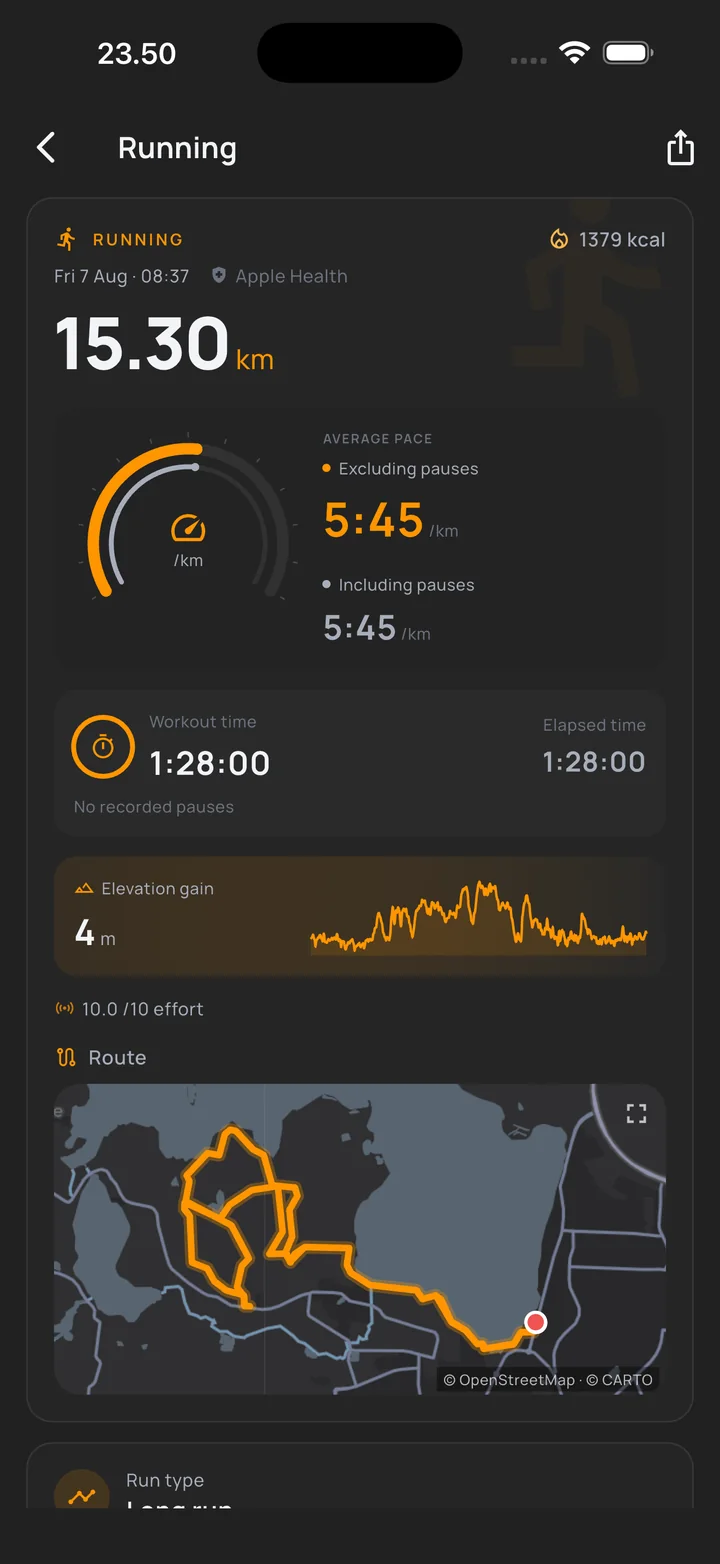 A 15.30 km run: average pace, workout time, elevation and the route on a map