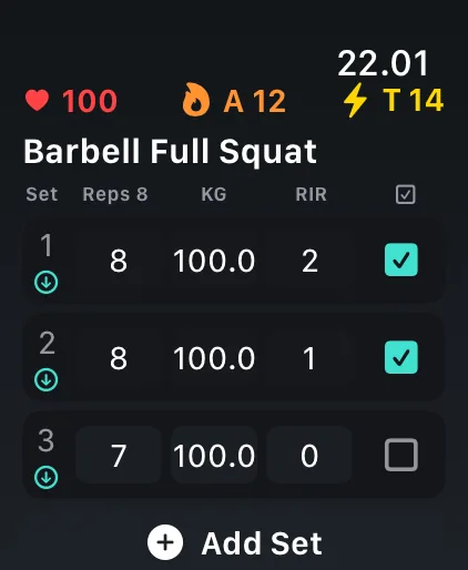 The BuildX watch app logging a set of squats, showing heart rate and calories