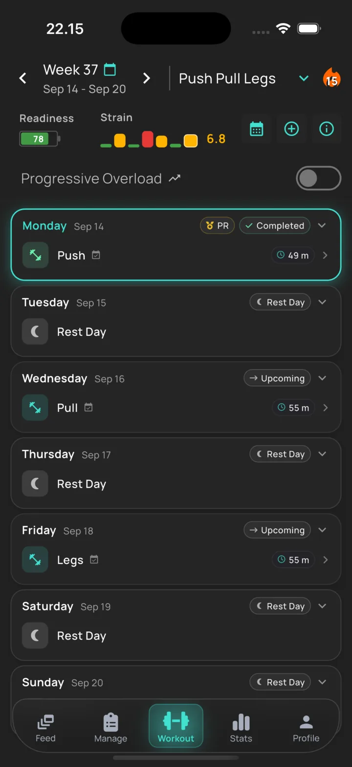 A BuildX training week: push, pull and legs laid out across the days with rest days between
